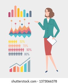 Infocharts and schemes vector, information visual representation on screen, lady with clipboard and papers helping in presentation explanation of details