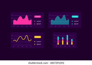 Infocharts UI elements kit. Line chart. Infographic analysis isolated vector icon, bar and dashboard template. Web design widget collection for mobile application with dark theme interface