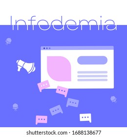 Infodemia text on purple backdrop. White loudhailer for social banner or propaganda poster, social network warning, info card. Website template or mockup. Minimal style stock vector illustration