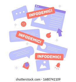 Infodemic during a virus pandemic. Online hoax, gossip, fake news on the Internet. Posts and comments. Search for reliable sources of information. Vector flat illustration.
