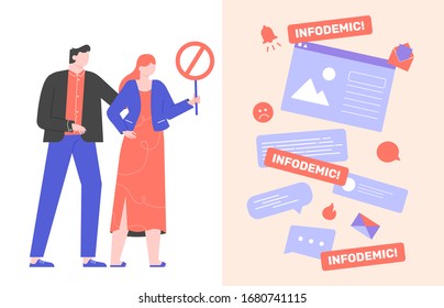Infodemic during a virus pandemic. Online hoax, gossip, fake news on the Internet. Search for reliable sources of information. Characters with a prohibition sign. Stop infodemia. Vector flat.