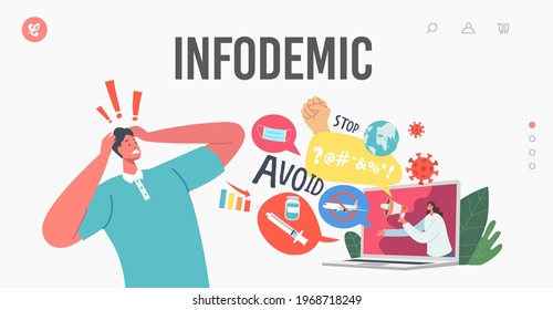 Infodemic Landing Page Template. Negative News, Panic, Disaster. Stressed Character Holding Head Looking on Laptop Screen with Presenter Broadcasting Bad Newsfeed. Cartoon People Vector Illustration