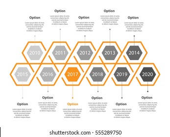 Infogaphic Timeline Diagram. Progressive Years Template. Honeycomb Polygon Form. Vector EPS 10