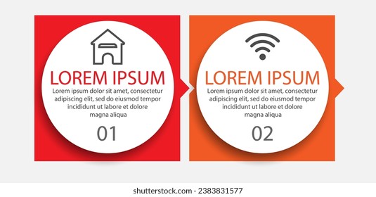 Infografis 2 langkah, desain infografis simpel terdiri dari dua bagian yang saling berkaitan, desain lingkaran dipadu bentuk lainnya, garis, ikon dan warna, bagus untuk presentasi bisnis Anda