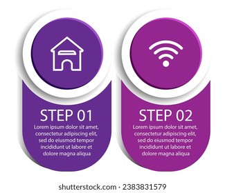 Infografis 2 langkah, desain infografis simpel terdiri dari dua bagian yang saling berkaitan, desain lingkaran dipadu bentuk lainnya, garis, ikon dan warna, bagus untuk presentasi bisnis Anda