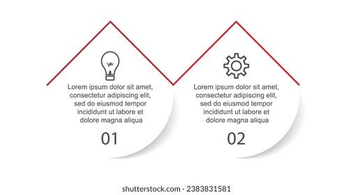 Infografis 2 langkah, desain infografis simpel terdiri dari dua bagian yang saling berkaitan, desain lingkaran dipadu bentuk lainnya, garis, ikon dan warna, bagus untuk presentasi bisnis Anda