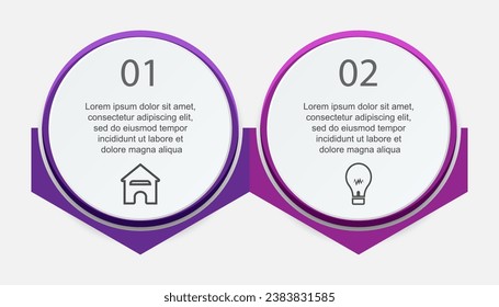 Infografis 2 langkah, desain infografis simpel terdiri dari dua bagian yang saling berkaitan, desain lingkaran dipadu bentuk lainnya, garis, ikon dan warna, bagus untuk presentasi bisnis Anda