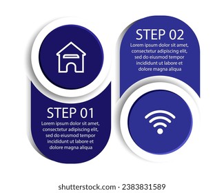Infografis 2 langkah, desain infografis simpel terdiri dari dua bagian yang saling berkaitan, desain lingkaran dipadu bentuk lainnya, garis, ikon dan warna, bagus untuk presentasi bisnis Anda