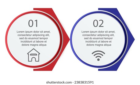 Infografis 2 langkah, desain infografis simpel terdiri dari dua bagian yang saling berkaitan, desain lingkaran dipadu bentuk lainnya, garis, ikon dan warna, bagus untuk presentasi bisnis Anda