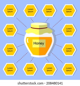 Infograhpics honey. Illustation alternative medicine. Cell and the jar with honey on a blue background.