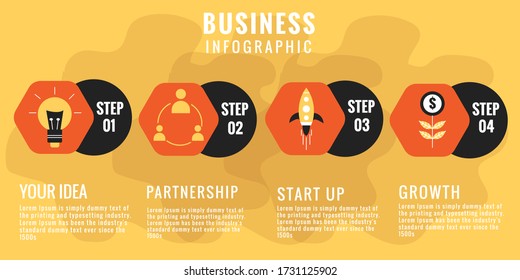 Infograph 4, pasos. Plantilla de Infografía Empresarial con iconos y 4 opciones. Proceso de línea de tiempo gráfica