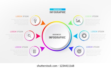 Infograph 6 element with centre circle. Graphic chart diagram, business timeline graphic design in bright rainbow color with icons. Vector illustration.