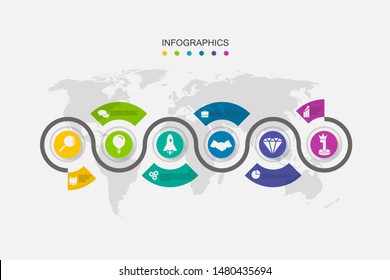 Infograph 6 option steps. Timeline infographics design with circle on earth globe background. Business vector illustration