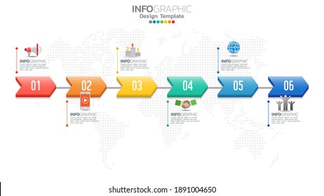 Infograph 6 step color element with arrow, chart diagram, business online marketing concept.
