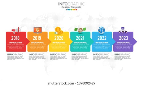 Infograph 6 step color element con flecha, diagrama de gráficos, concepto de marketing en línea de negocios.