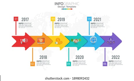 Infograph 6 step color element with arrow, chart diagram, business online marketing concept.