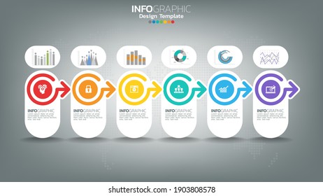 Infograph 6 step color element con flecha, diagrama de gráficos, concepto de marketing en línea de negocios.