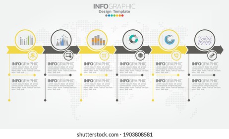 Infograph 6 step yellow color element with arrow, chart diagram, business online marketing concept.