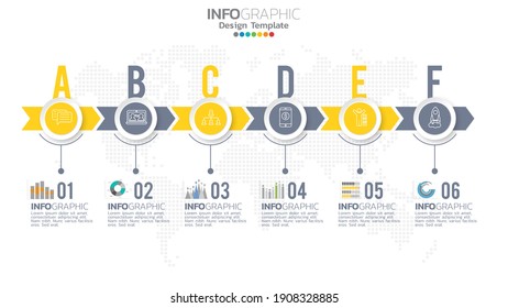 Infograph 6 step yellow color element with circle graphic chart diagram, business graph design.