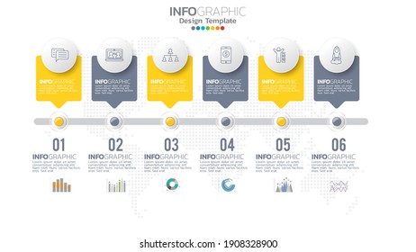 Infograph 6 Step Yellow Color Element With Circle Graphic Chart Diagram, Business Graph Design.