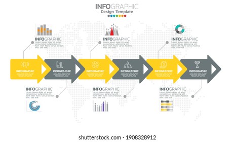 Infograph 6 step yellow color element with circle graphic chart diagram, business graph design.