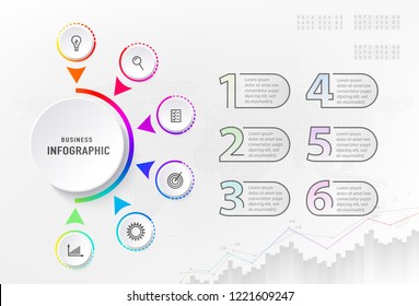 Infograph 6 steps element, diagram process with centre circle and numbers. Graphic chart diagram, business timeline graphic design in rainbow color with icons, dots world map. Vector illustration.