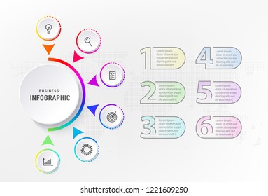 Infograph 6 steps element, diagram process with centre circle and numbers. Graphic chart diagram, business timeline graphic design in rainbow color with icons, dots world map. Vector illustration.