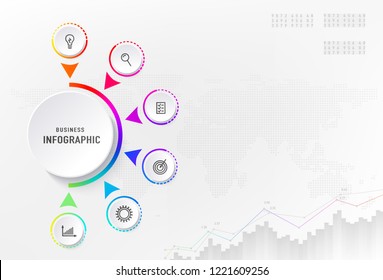 infograph 6 steps element, diagram process with centre circle. Graphic chart diagram, business timeline graphic design in rainbow color with icons, dots world map. Copy space. Vector illustration.
