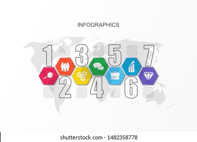 Infograph 7 option steps. Timeline infographics design with hexagon and numbers on earth globe background. Business vector information graphic illustration