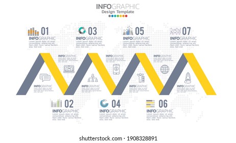 Infograph 7 step amarillo color elemento con diagrama de gráficos de círculo, diseño de gráficos de negocios.