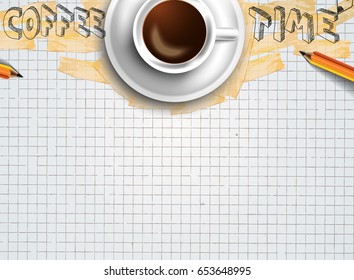 Plantilla de fondo de infografía con un café fresco sobre la mesa con elementos de diseño infográfico y maquetas y bocetos dibujados a mano de elementos tecnológicos.
