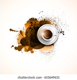 Infografik-Hintergrundvorlage mit frischem Kaffee auf dem Tisch mit Infografik-Design-Elementen und -Mockups und handgezeichneten Skizzen von technischen Gegenständen.