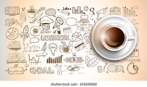 Infograph background template with a fresh coffee on table with infographic design elements and mockups and hand drawn sketches of technology items.