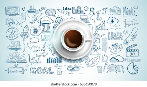 Infograph background template with a fresh coffee on table with infographic design elements and mockups and hand drawn sketches of technology items.