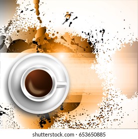 Infograph background template with a fresh coffee on table with infographic design elements and mockups and hand drawn sketches of technology items.