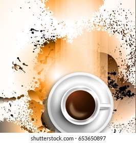 Infograph background template with a fresh coffee on table with infographic design elements and mockups and hand drawn sketches of technology items.