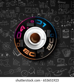 Infograph background template with a fresh coffee on table with infographic design elements and mockups and hand drawn sketches of technology items.