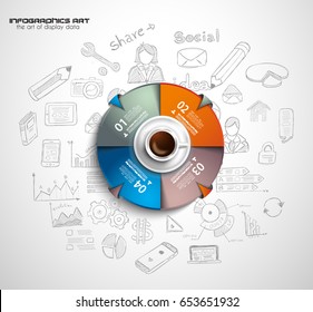 Infograph background template with a fresh coffee on table with infographic design elements and mockups and hand drawn sketches of technology items.