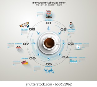 Infograph background template with a fresh coffee on table with infographic design elements and mockups and hand drawn sketches of technology items.