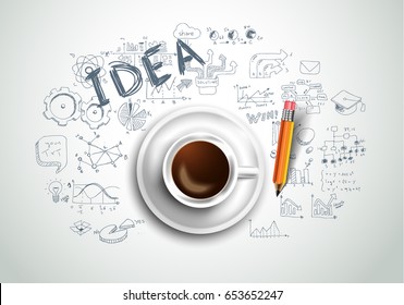 Infograph background template with a fresh coffee on table with infographic design elements and mockups and hand drawn sketches of technology items.