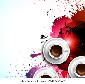 Infograph background template with a fresh coffee on table with infographic design elements and mockups and hand drawn sketches of technology items.