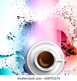 Infograph background template with a fresh coffee on table with infographic design elements and mockups and hand drawn sketches of technology items.