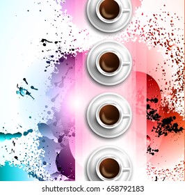 Plantilla de fondo de infografía con un café fresco sobre la mesa con elementos de diseño infográfico y maquetas y bocetos dibujados a mano de elementos tecnológicos.