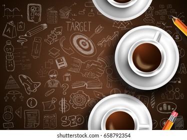 Infograph background template with a fresh coffee on table with infographic design elements and mockups and hand drawn sketches of technology items.