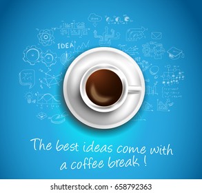 Plantilla de fondo de infografía con un café fresco sobre la mesa con elementos de diseño infográfico y maquetas y bocetos dibujados a mano de elementos tecnológicos.