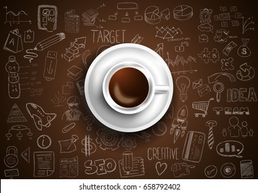 Infograph background template with a fresh coffee on table with infographic design elements and mockups and hand drawn sketches of technology items.