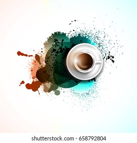 Plantilla de fondo de infografía con un café fresco sobre la mesa con elementos de diseño infográfico y maquetas y bocetos dibujados a mano de elementos tecnológicos.