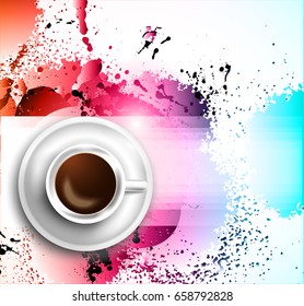 Infograph background template with a fresh coffee on table with infographic design elements and mockups and hand drawn sketches of technology items.