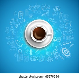 Infograph background template with a fresh coffee on table with infographic design elements and mockups and hand drawn sketches of technology items.