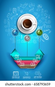 Infograph background template with a fresh coffee on table with infographic design elements and mockups and hand drawn sketches of technology items.